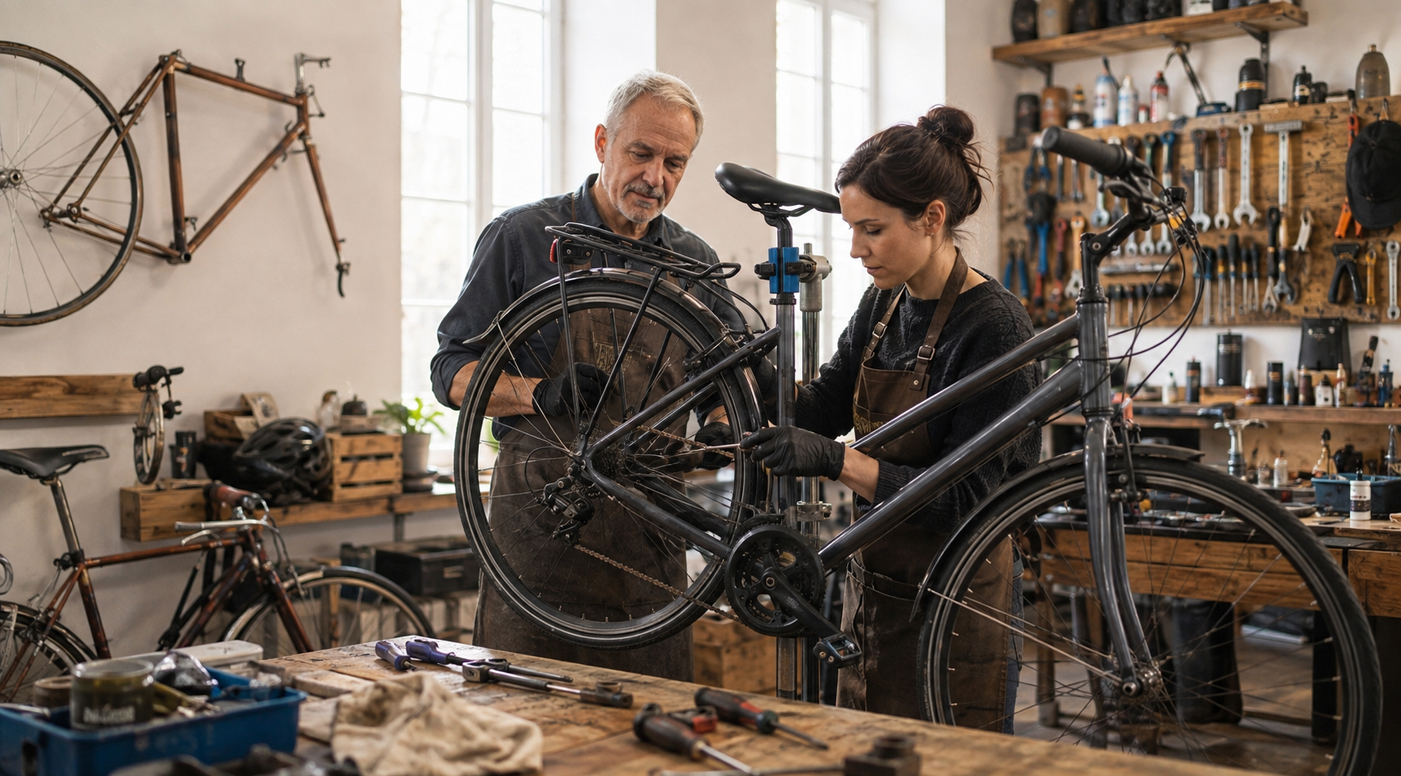 Une mère et son enfant se déplacent à vélo à Paris grâce à une solution de mobilité solidaire.