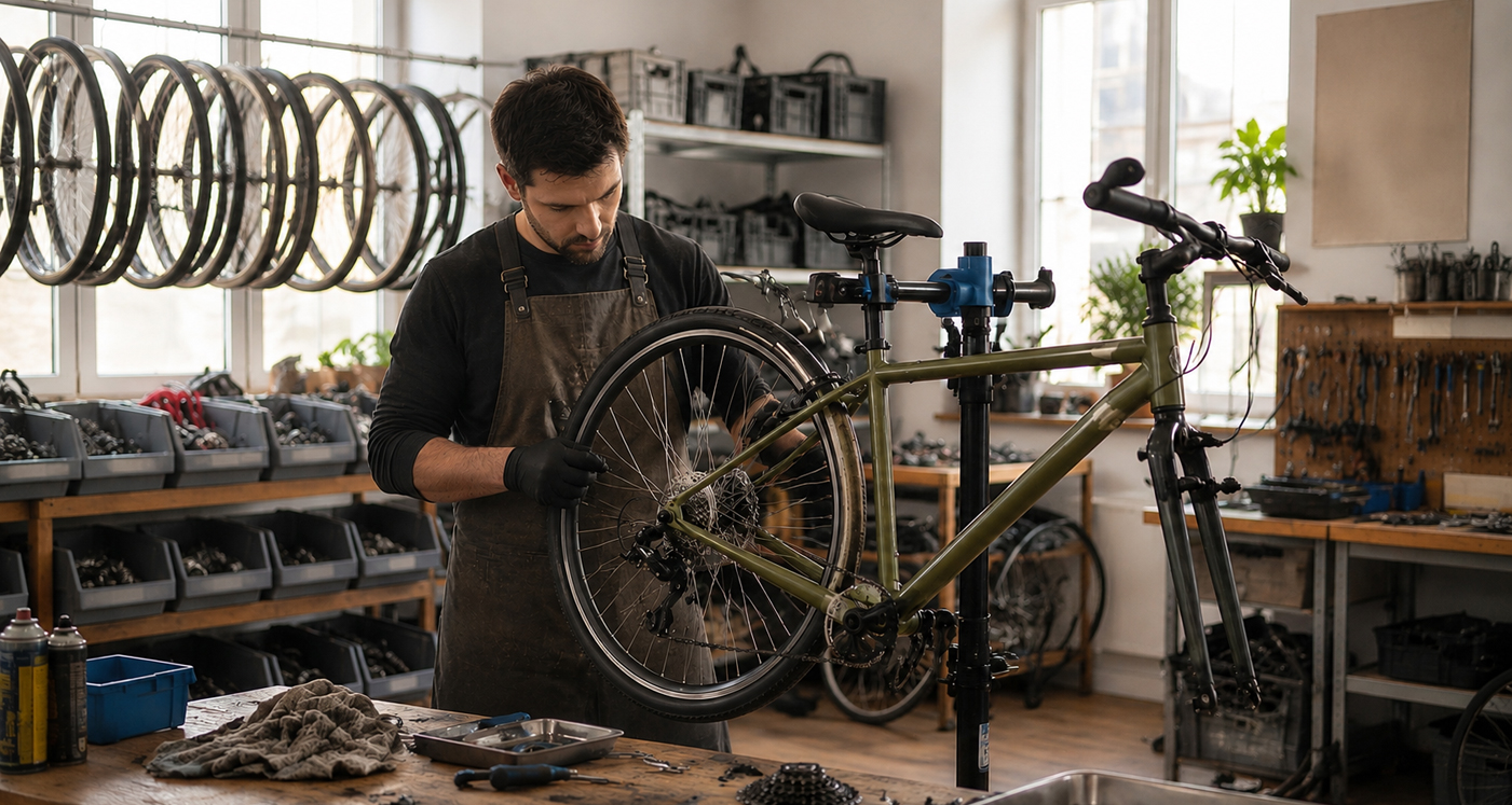 Un mécanicien accompagne la remise en état d'un vélo dans un atelier de réemploi solidaire.